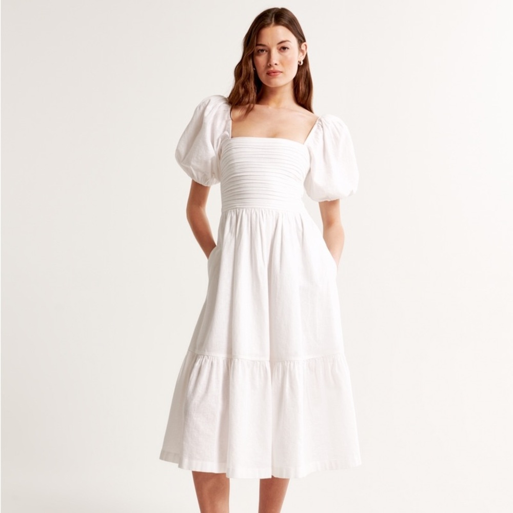 The A&F Emerson Linen-Blend Puff Sleeve White Midi Dress Size XXSP